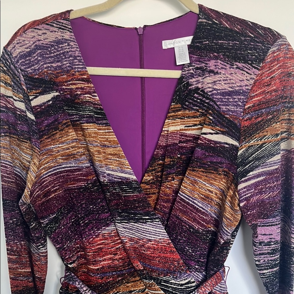 London Times Red and Purple Wrap Dress with Dolman Sleeves